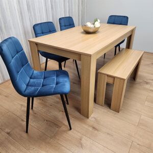 George Oliver Wooden Dining Table Set for 6 Oak Effect Table With 4 Velvet Chairs and 1 Bench Blue 6 George Oliver Wooden Dining Table Set for 6 Oak Effect Table With 4 Velvet Chairs and 1 Bench Blue 6