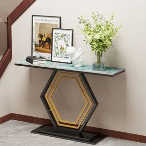 Canora Grey High Gloss Marble Console Table Sintered Stone Luxury Modern Hallway Table With Geometric Golden And Black Base Pedestal For Foyer Decor Green 78cm H X 120cm W X 30cm D Canora Grey High Gloss Marble Console Table Sintered Stone Luxury Modern Hallway Table With Geometric Golden And Black Base Pedestal For Foyer Decor Green 78cm H X 120cm W X 30cm D