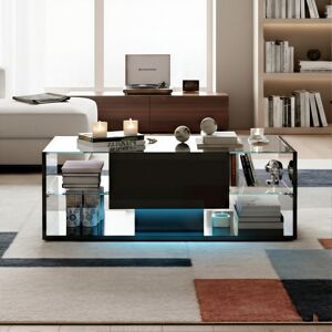 Metro 100Cm High Gloss Coffee Table With LED Lights, Modern Cocktail Table With Drawer & Glass Shelves, Black & White Black 35cm H X 100cm W X 50cm D Metro 100Cm High Gloss Coffee Table With LED Lights, Modern Cocktail Table With Drawer & Glass Shelves, Black & White Black 35cm H X 100cm W X 50cm D