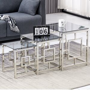 Ivy Bronx 3- Piece Stainless Steel Nest Of Tables With Tempered Glass Top For Living Room(Grid) Grey/Chrome 49cm H X 47cm W X 41cm D Ivy Bronx 3- Piece Stainless Steel Nest Of Tables With Tempered Glass Top For Living Room(Grid) Grey/Chrome 49cm H X 47cm W X 41cm D
