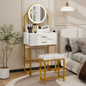 Fairmont Park Dressing Table with LED Lighted Mirror, Makeup Vanity Desk with Stool and 2 Drawers, 55CM Desktop Gold 138cm H X 55cm W X 40cm D Fairmont Park Dressing Table with LED Lighted Mirror, Makeup Vanity Desk with Stool and 2 Drawers, 55CM Desktop Gold 138cm H X 55cm W X 40cm D