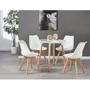 Norden Home Verano 4 Person Dining set - a Round Plastic Dining Table with Wooden Legs and a Set of 4 Faux Leather Cushion Padded Dining Chairs for Dining Room - White/White 4 Norden Home Verano 4 Person Dining set - a Round Plastic Dining Table with Wooden Legs and a Set of 4 Faux Leather Cushion Padded Dining Chairs for Dining Room - White/White 4