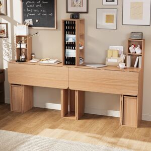 Mikado Living Two Person Desk With 2 Stools With Pegboard & Storage Shelves For Home Office, Natural Wood Finish, 29 D X 180 W X 130 H Cm Brown 70cm H X 180cm W X 29cm D Mikado Living Two Person Desk With 2 Stools With Pegboard & Storage Shelves For Home Office, Natural Wood Finish, 29 D X 180 W X 130 H Cm Brown 70cm H X 180cm W X 29cm D