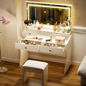 17 Stories Dressing Table With LED Lighting Mirror And Stool Makeup Vanity Desk With Power Outlet 5 Drawers Adjustable Brightness Bedroom Dresser White 138cm H X 80cm W X 26cm D 17 Stories Dressing Table With LED Lighting Mirror And Stool Makeup Vanity Desk With Power Outlet 5 Drawers Adjustable Brightness Bedroom Dresser White 138cm H X 80cm W X 26cm D