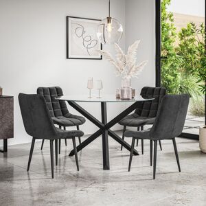 Metro Malvern Round Dining Table And Chairs - Clear Glass Table Top w Legs + Nova Velvet Dining Chair Set Of 4 Black/Black 4 Metro Malvern Round Dining Table And Chairs - Clear Glass Table Top w Legs + Nova Velvet Dining Chair Set Of 4 Black/Black 4