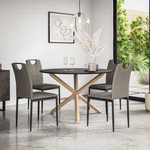Metro Daraich Round Dining Table And Chairs - Table Top w Legs + Daraich Faux Leather Dining Chair Set Of 4 Black/Oak/Grey 4 Metro Daraich Round Dining Table And Chairs - Table Top w Legs + Daraich Faux Leather Dining Chair Set Of 4 Black/Oak/Grey 4