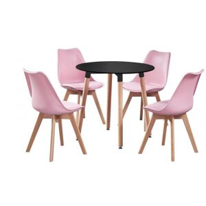 Isabelline Christy 4 Person Dining set - a Round Plastic Dining Table with Wooden Legs and a Set of 4 Faux Leather Cushion Padded Dining Chairs for Dining Room - Pink/Black 4 Isabelline Christy 4 Person Dining set - a Round Plastic Dining Table with Wooden Legs and a Set of 4 Faux Leather Cushion Padded Dining Chairs for Dining Room - Pink/Black 4