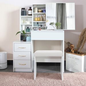 Brayden Studio Dressing Table With Mirror And Stool, Vanity Makeup Table, 4 Drawer 3 Shelves Storage Unit Cosmetic Bedroom Dresser Make Up Desk Stool For Bedroom Fur White 130cm H X 80cm W X 36cm D Brayden Studio Dressing Table With Mirror And Stool, Vanity Makeup Table, 4 Drawer 3 Shelves Storage Unit Cosmetic Bedroom Dresser Make Up Desk Stool For Bedroom Fur White 130cm H X 80cm W X 36cm D