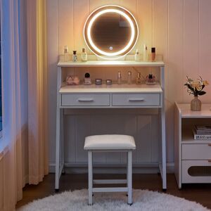 Metro Round Mirror Dressing Table, Frame Vanity Set With Two Drawers White 133cm H X 80cm W X 40cm D Metro Round Mirror Dressing Table, Frame Vanity Set With Two Drawers White 133cm H X 80cm W X 40cm D