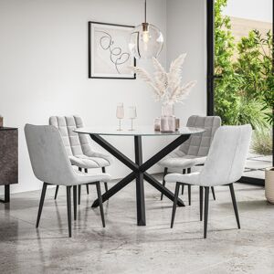Metro Malvern Round Dining Table And Chairs - Clear Glass Table Top w Legs + Nova Velvet Dining Chair Set Of 4 Black/Grey 4 Metro Malvern Round Dining Table And Chairs - Clear Glass Table Top w Legs + Nova Velvet Dining Chair Set Of 4 Black/Grey 4