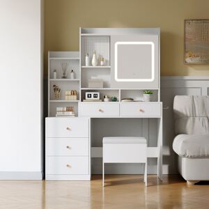 Ivy Bronx Dressing Table and Stool Set with LED Mirror and Built-in Electrical Outlet White 150cm H X 112cm W X 40cm D Ivy Bronx Dressing Table and Stool Set with LED Mirror and Built-in Electrical Outlet White 150cm H X 112cm W X 40cm D
