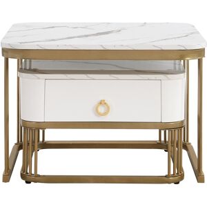 Canora Grey White MDF Coffee Table With High-Gloss Marble Exterior, Side Table With Drawer (Set Of 2) White Marble 45cm H X 60cm W X 60cm D Canora Grey White MDF Coffee Table With High-Gloss Marble Exterior, Side Table With Drawer (Set Of 2) White Marble 45cm H X 60cm W X 60cm D