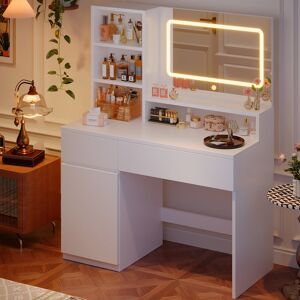 17 Stories LED Lighted Mirror Dressing Table With Cabinet White;Beige;Orange 135cm H X 90cm W X 40cm D 17 Stories LED Lighted Mirror Dressing Table With Cabinet White;Beige;Orange 135cm H X 90cm W X 40cm D