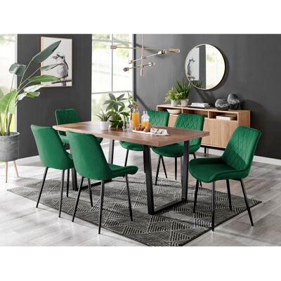 Canora Grey Kylooe Modern Brown Wood And Black Metal Dining Table Set With 6 Luxury Velvet Dining Chairs Green/Black 6 Canora Grey Kylooe Modern Brown Wood And Black Metal Dining Table Set With 6 Luxury Velvet Dining Chairs Green/Black 6
