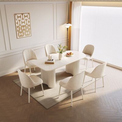 Canora Grey Cream Dining Table Set With 6 Chairs, Modern Oval Dining Table And Upholstered Chairs, 160 X 80 Cm Family Dining Room Set Cream 6 Canora Grey Cream Dining Table Set With 6 Chairs, Modern Oval Dining Table And Upholstered Chairs, 160 X 80 Cm Family Dining Room Set Cream 6