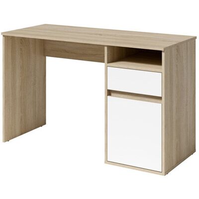 17 Stories Raymen Desk with drawer and door: 120cm W x 75.5cm H x 53cm D. Natural/White 76cm H X 120cm W X 53cm D 17 Stories Raymen Desk with drawer and door: 120cm W x 75.5cm H x 53cm D. Natural/White 76cm H X 120cm W X 53cm D