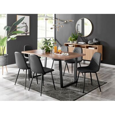 Canora Grey Kylooe Modern Brown Wood And Black Metal Dining Table Set With 6 Luxury Faux Leather Dining Chairs Black 6 Canora Grey Kylooe Modern Brown Wood And Black Metal Dining Table Set With 6 Luxury Faux Leather Dining Chairs Black 6