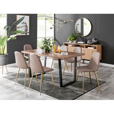 Canora Grey Kylooe Modern Brown Wood And Black Metal Dining Table Set With 6 Luxury Faux Leather Dining Chairs Cappuccino/Golden 6 Canora Grey Kylooe Modern Brown Wood And Black Metal Dining Table Set With 6 Luxury Faux Leather Dining Chairs Cappuccino/Golden 6