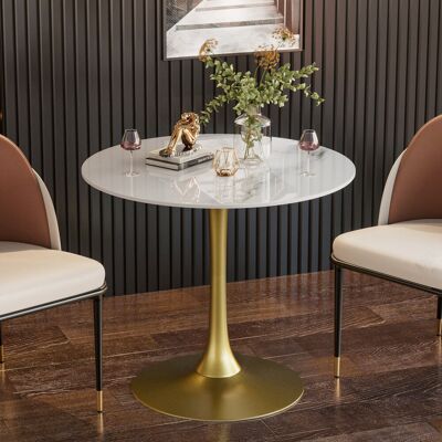 Metro Dining Table Modern Round Kitchen Table With Metal Pedestal Base Mid-century Leisure Table For Home Dining Room Cafe Gold/Glossy White 30.9" H x 29.92" L x 29.92" W Metro Dining Table Modern Round Kitchen Table With Metal Pedestal Base Mid-century Leisure Table For Home Dining Room Cafe Gold/Glossy White 30.9" H x 29.92" L x 29.92" W