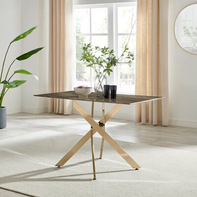 Canora Grey Lenworth Luxury Marble Effect Glass 4 Seater Dining Table - Modern Statement Design Gold/Grey Canora Grey Lenworth Luxury Marble Effect Glass 4 Seater Dining Table - Modern Statement Design Gold/Grey