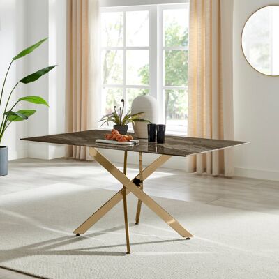 Canora Grey Lenworth Luxury Marble Effect Glass 6 Seater Dining Table - Modern Statement Design Gold/Grey Canora Grey Lenworth Luxury Marble Effect Glass 6 Seater Dining Table - Modern Statement Design Gold/Grey