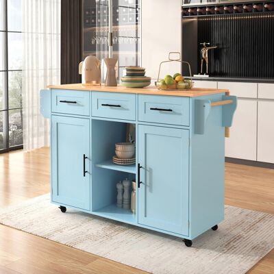 Ebern Designs Kitchen Island With 2 Doors, 3 Drawers And Foldable Tabletop Blue Blue 91.5cm H X 139cm W X 46cm D Ebern Designs Kitchen Island With 2 Doors, 3 Drawers And Foldable Tabletop Blue Blue 91.5cm H X 139cm W X 46cm D