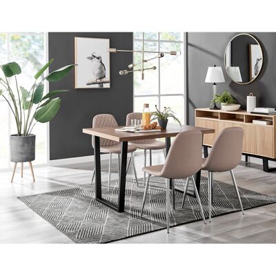 Canora Grey Kylooe Modern Brown Wood And Black Metal Dining Table Set With 4 Luxury Faux Leather Dining Chairs Cappucino/Silver 4 Canora Grey Kylooe Modern Brown Wood And Black Metal Dining Table Set With 4 Luxury Faux Leather Dining Chairs Cappucino/Silver 4