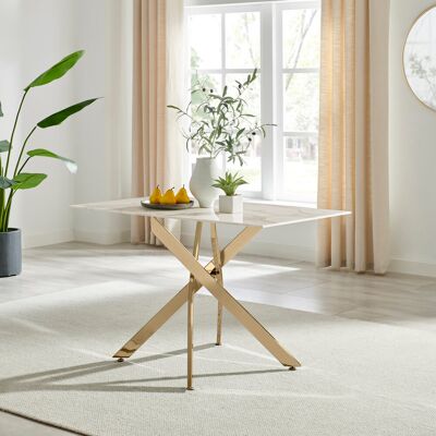 Canora Grey Lenworth Luxury Marble Effect Glass 4 Seater Dining Table - Modern Statement Design Gold/White Canora Grey Lenworth Luxury Marble Effect Glass 4 Seater Dining Table - Modern Statement Design Gold/White