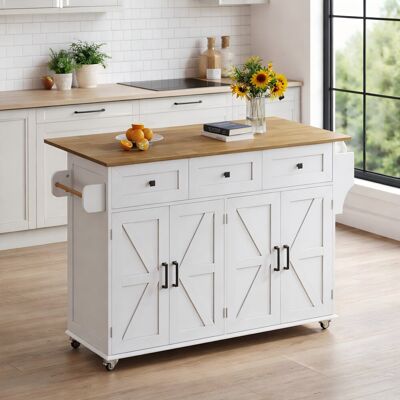 Lily Manor Kitchen Island With 4 Doors, 3 Drawers And Foldable Tabletop White White 93cm H X 140cm W X 70cm D Lily Manor Kitchen Island With 4 Doors, 3 Drawers And Foldable Tabletop White White 93cm H X 140cm W X 70cm D