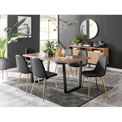 Canora Grey Kylooe Modern Brown Wood And Black Metal Dining Table Set With 6 Luxury Faux Leather Dining Chairs Black/Golden 6 Canora Grey Kylooe Modern Brown Wood And Black Metal Dining Table Set With 6 Luxury Faux Leather Dining Chairs Black/Golden 6