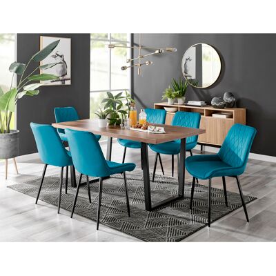 Canora Grey Kylooe Modern Brown Wood And Black Metal Dining Table Set With 6 Luxury Velvet Dining Chairs Blue/Black 6 Canora Grey Kylooe Modern Brown Wood And Black Metal Dining Table Set With 6 Luxury Velvet Dining Chairs Blue/Black 6