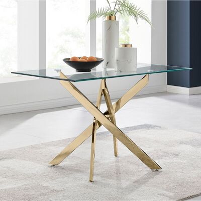 Canora Grey Lenworth Luxury Rectangular Dining Table in Glass and Chrome Metal - Modern Statement Design Gold 75H x 120W x 70D Canora Grey Lenworth Luxury Rectangular Dining Table in Glass and Chrome Metal - Modern Statement Design Gold 75H x 120W x 70D