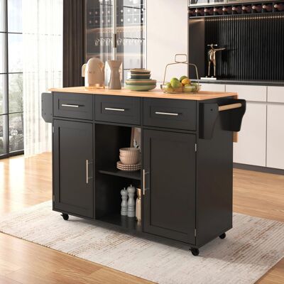 Ebern Designs Kitchen Island With 2 Doors, 3 Drawers And Foldable Tabletop Blue Black 91.5cm H X 139cm W X 46cm D Ebern Designs Kitchen Island With 2 Doors, 3 Drawers And Foldable Tabletop Blue Black 91.5cm H X 139cm W X 46cm D