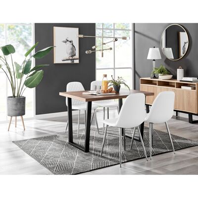 Canora Grey Kylooe Modern Brown Wood And Black Metal Dining Table Set With 4 Luxury Faux Leather Dining Chairs White/Silver 4 Canora Grey Kylooe Modern Brown Wood And Black Metal Dining Table Set With 4 Luxury Faux Leather Dining Chairs White/Silver 4