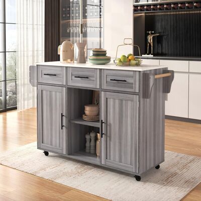 Ebern Designs Kitchen Island With 2 Doors, 3 Drawers And Foldable Tabletop Blue Grey 91.5cm H X 139cm W X 46cm D Ebern Designs Kitchen Island With 2 Doors, 3 Drawers And Foldable Tabletop Blue Grey 91.5cm H X 139cm W X 46cm D