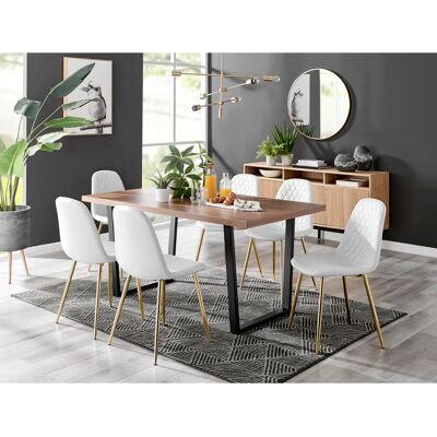 Canora Grey Kylooe Modern Brown Wood And Black Metal Dining Table Set With 6 Luxury Faux Leather Dining Chairs White/Golden 6 Canora Grey Kylooe Modern Brown Wood And Black Metal Dining Table Set With 6 Luxury Faux Leather Dining Chairs White/Golden 6