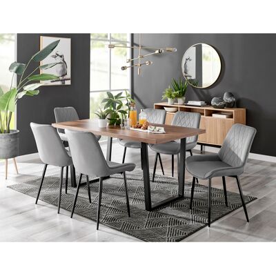 Canora Grey Kylooe Modern Brown Wood And Black Metal Dining Table Set With 6 Luxury Velvet Dining Chairs Gray/Black 6 Canora Grey Kylooe Modern Brown Wood And Black Metal Dining Table Set With 6 Luxury Velvet Dining Chairs Gray/Black 6