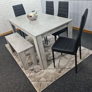 Ebern Designs Stone Grey Effect 140Cm Wood Dining Table With 4 Black Faux Leather Metal Chairs And 1 Bench brown/gray 75.0 H x 80.0 W x 140.0 D cm