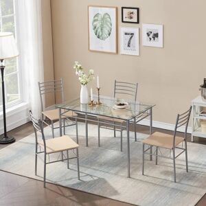Rio TC 5Pcs Dining Table Set Metal Glass Table and 4 Chairs Kitchen Breakfast Home 76.2 H x 69.85 W x 109.98 D cm