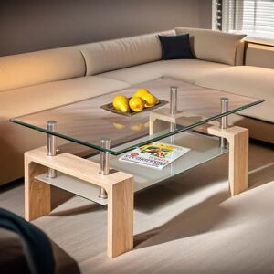 FURNOLD 2 Tier Glass Table with Storage Shelf, Living Room Furniture brown 40.0 H x 100.0 W x 60.0 D cm