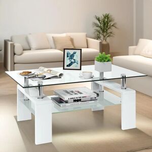 FURNOLD 2 Tier Glass Table with Storage Shelf, Living Room Furniture white 40.0 H x 100.0 W x 60.0 D cm