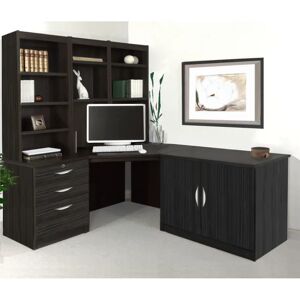 Ebern Designs Brelynn 5 Piece L-Shape Computer Desk Office Set with Hutch white/brown