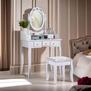 Borough Wharf Arbaaz White Dressing Table With Mirror And Stool Vanity Desk Bedroom Furniture brown/white 148.0 H x 80.0 W x 40.0 D cm