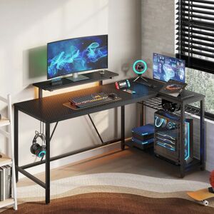 Inbox Zero 58'' L shaped Computer Desk with Power outlet, Gaming desk with monitor stand and shelves black 82.0 H x 148.0 W x 80.0 D cm