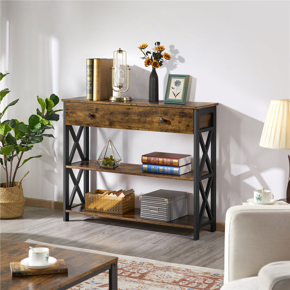 Yaheetech 80cm Console Table with 1 Drawer and 2 Open Shelves Rustic Brown 80.5cm H X 80cm W X 29.5cm D