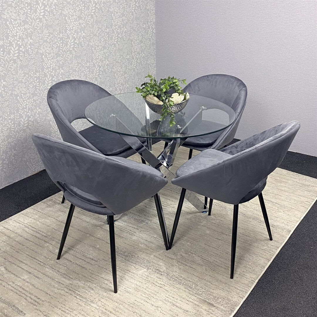 Fairmont Park Round Glass Dining Table with Grey Velvet Chairs - Dining Kitchen Room Furniture Clear 4