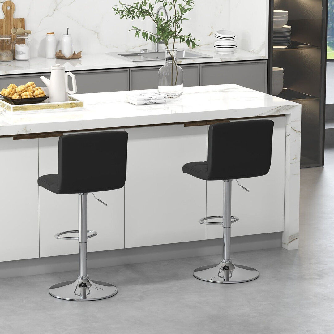 Latitude Run Set Of 2 Bar Stool PU Leather Armless Dining Chairs 360 Swivel & Height Adjustable Seat Black 50cm W X 43cm D