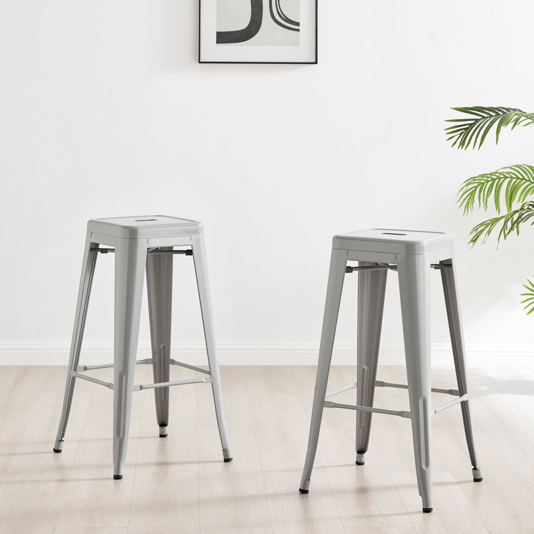 Borough Wharf Honora Classic Industrial Metal Breakfast Bar Stool - Style Bold Colour Stackable Grey 76cm H X 43cm W X 43cm D