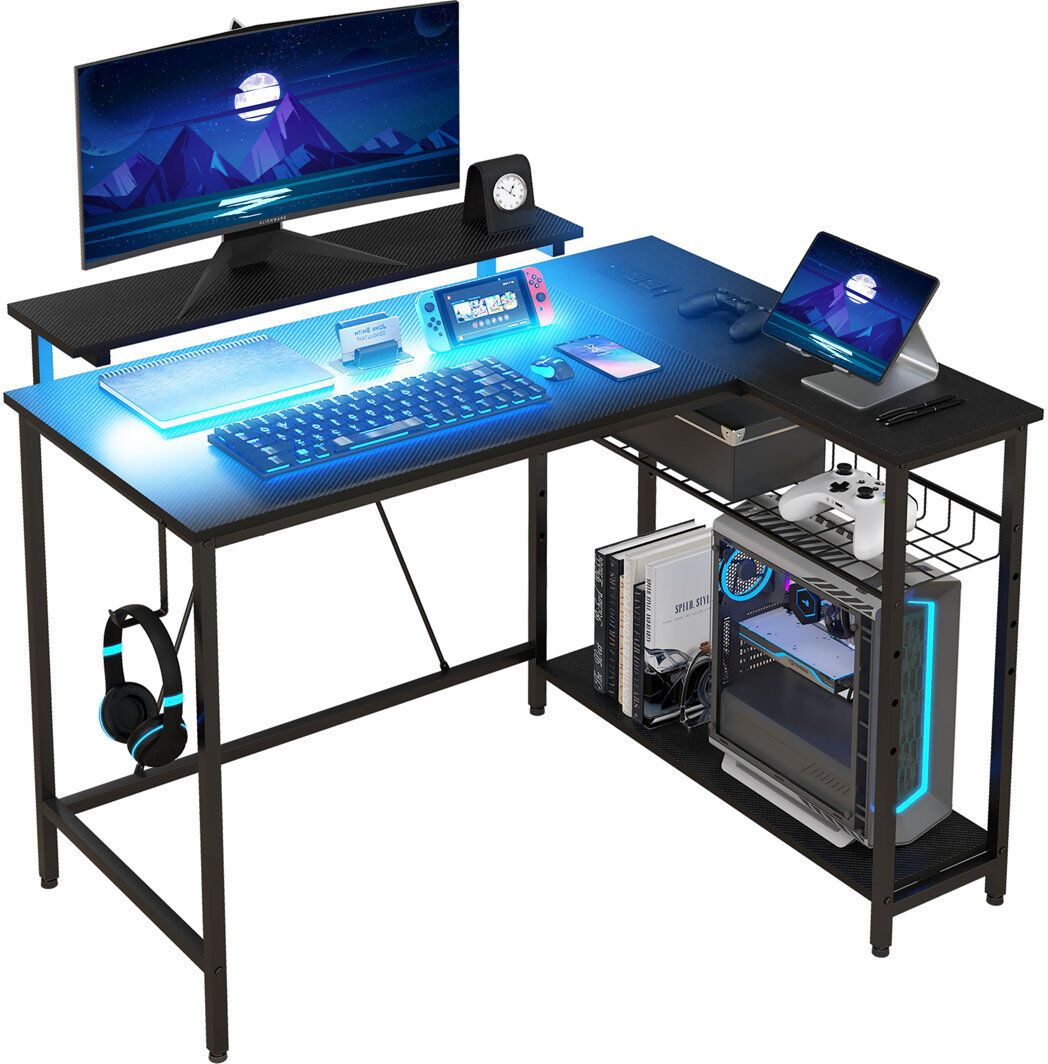 Inbox Zero Heine 107cm W Height Adjustable L-Shaped Computer Desk with Hutch Black 90cm H X 107cm W X 80cm D