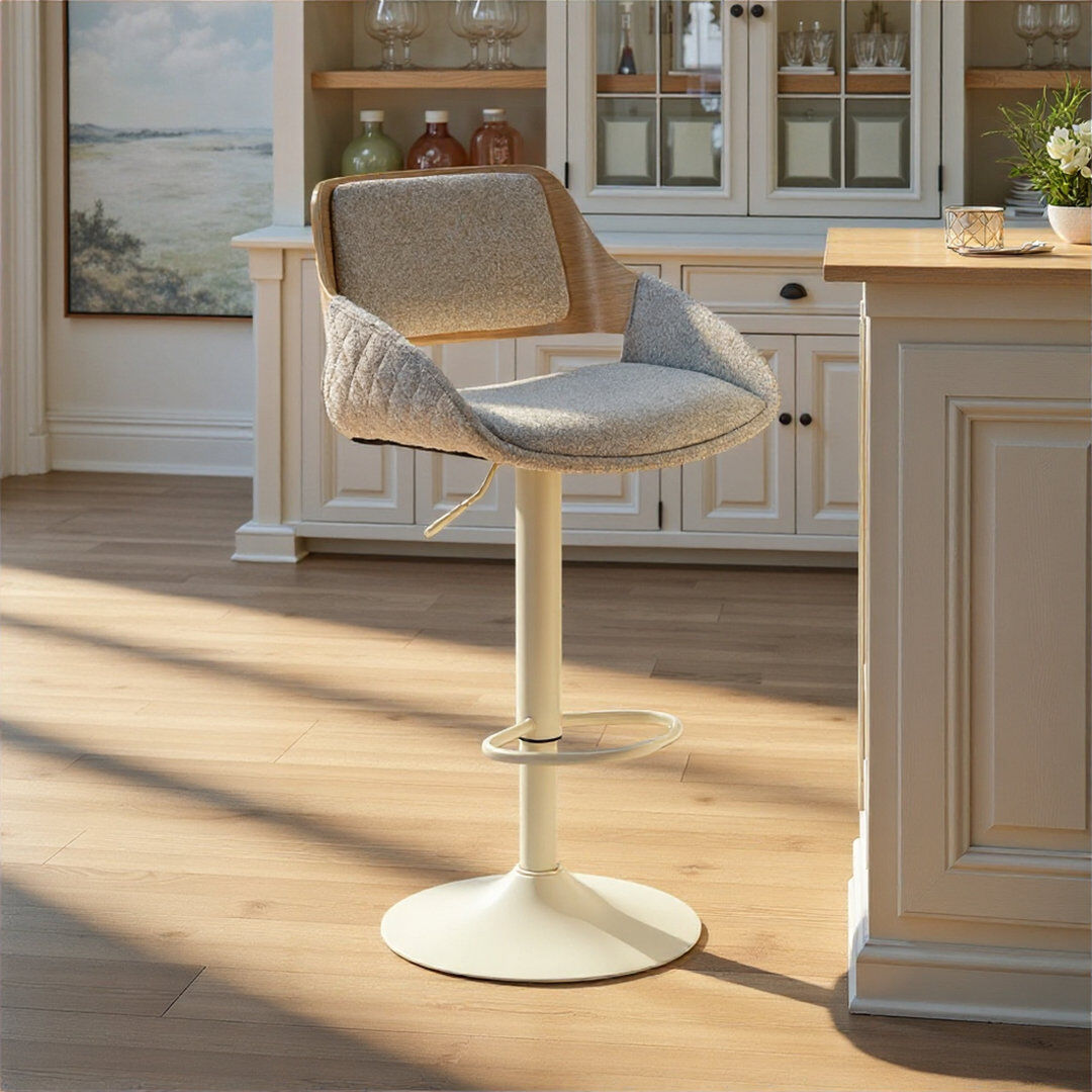 Armen Living Colby Contemporary Adjustable Swivel Stool With Curved Arm Design And Upholstered Seat DESERT SAND 52cm W X 50cm D
